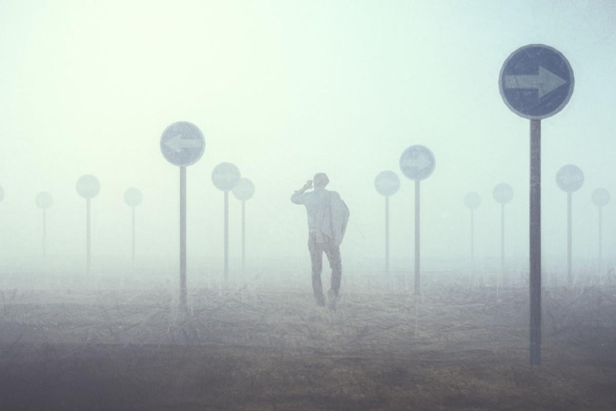 Person in a hazy landscape surrounded by signs with arrows