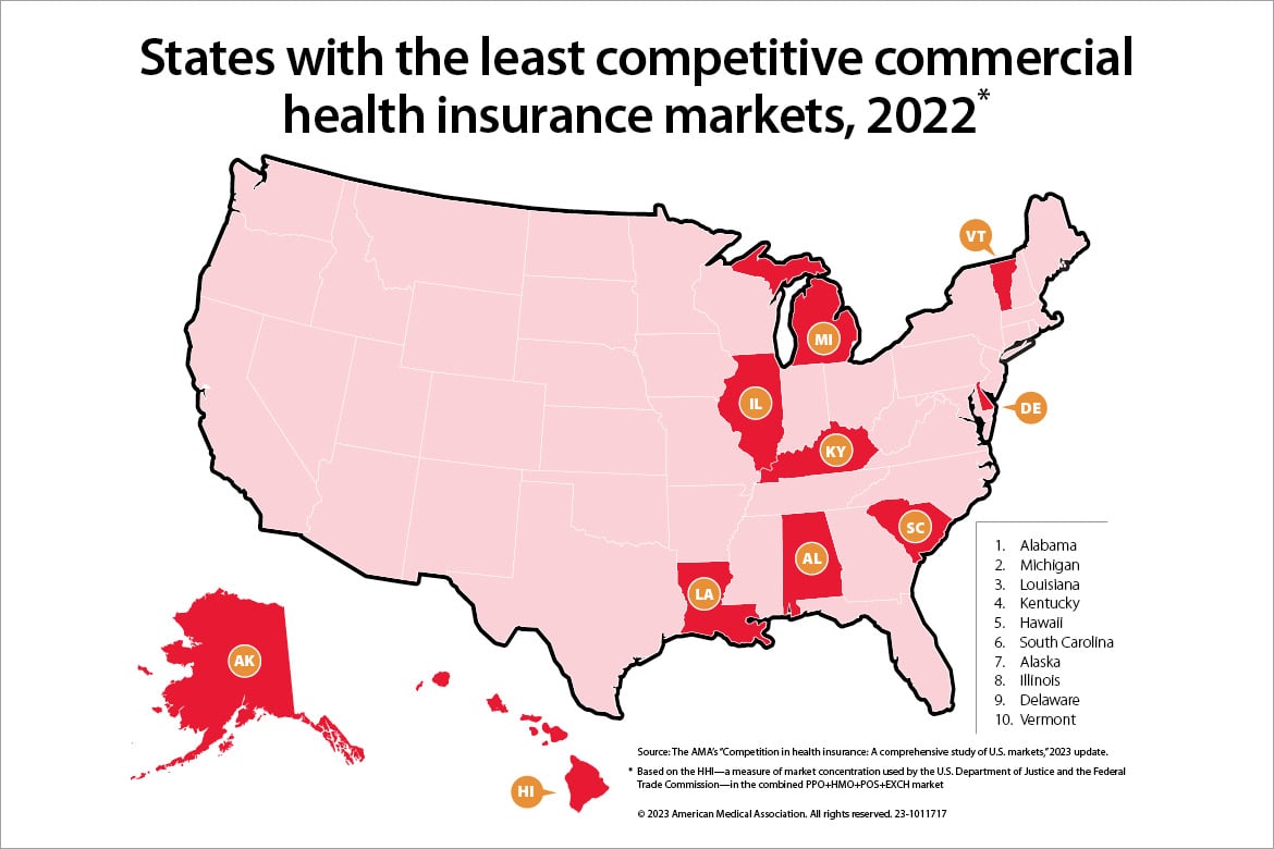 Graphic of map indicating 10 states with least competitive commercial markets.