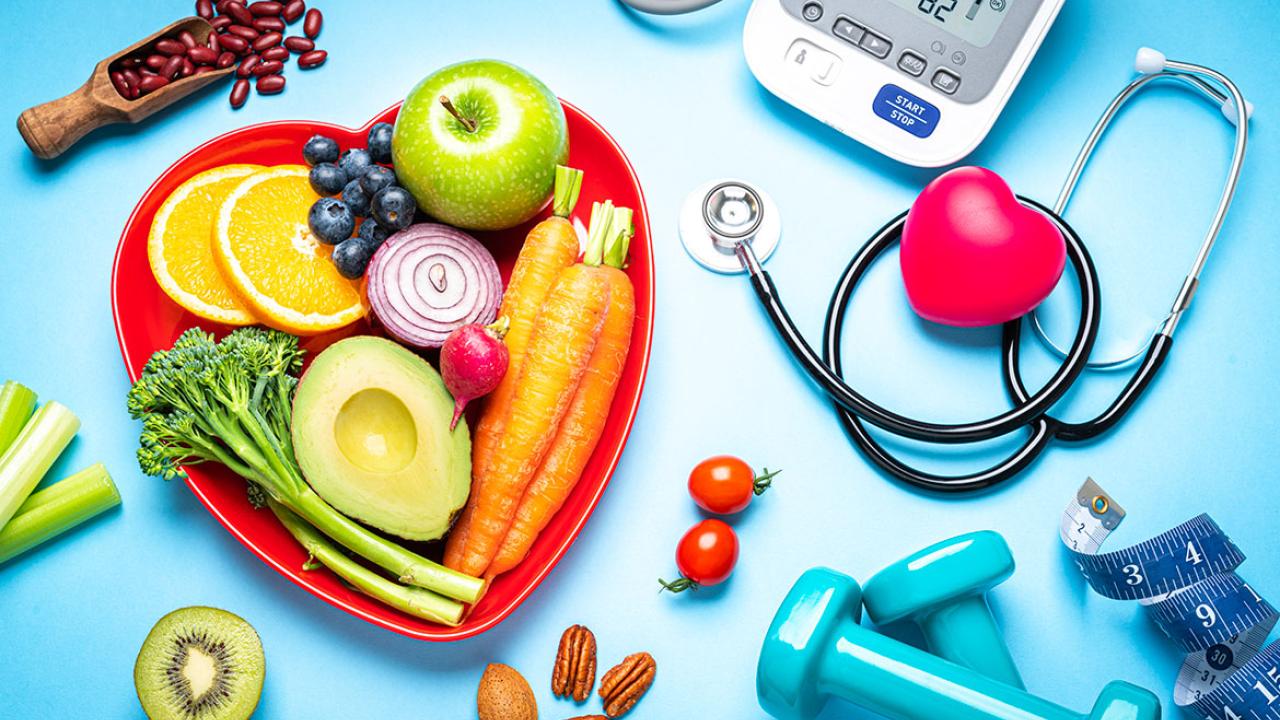 Fruits and vegetables on a heart-shaped plate