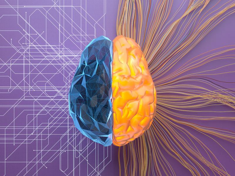 Digital generated image of split AI brain