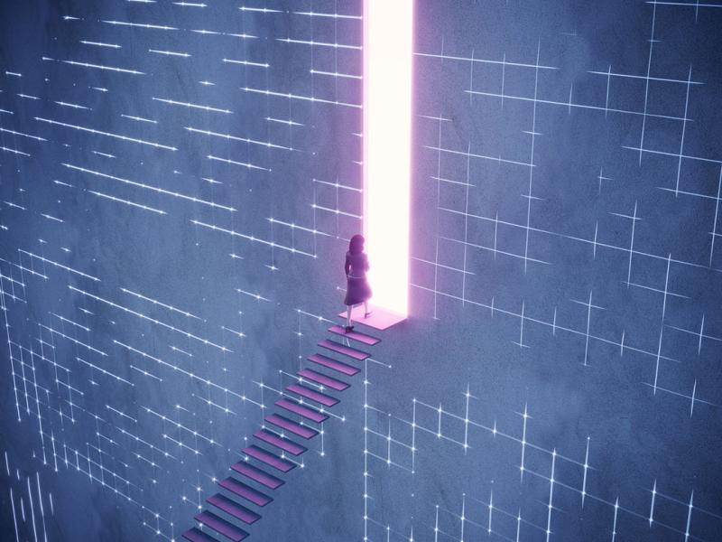 An abstract staircase and a glowing portal, woman going into the portal