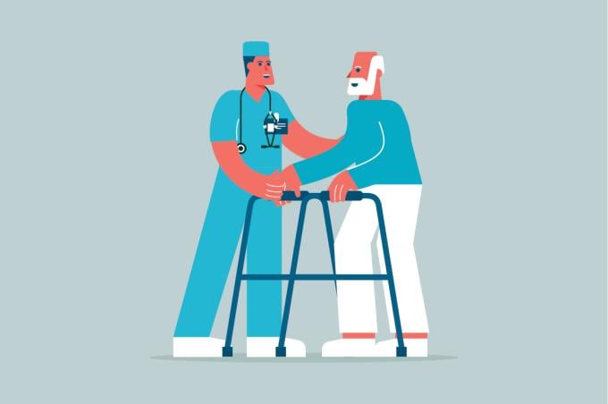 Illustration of physician helping elderly patient