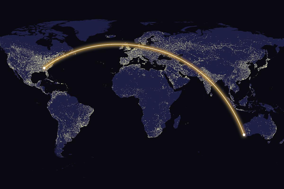 World map with path illuminated from Atlanta to Austrailia