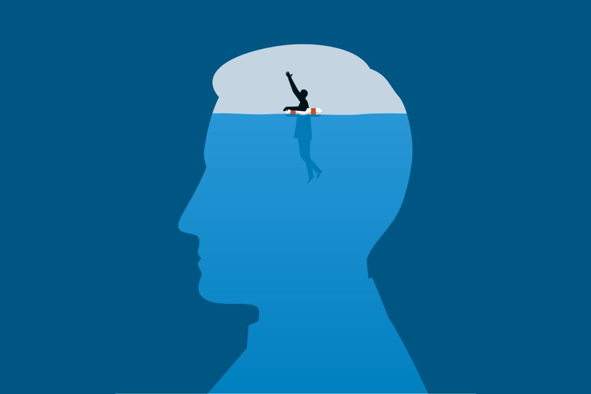 Illustration of man swimming inside the mind of a larger man