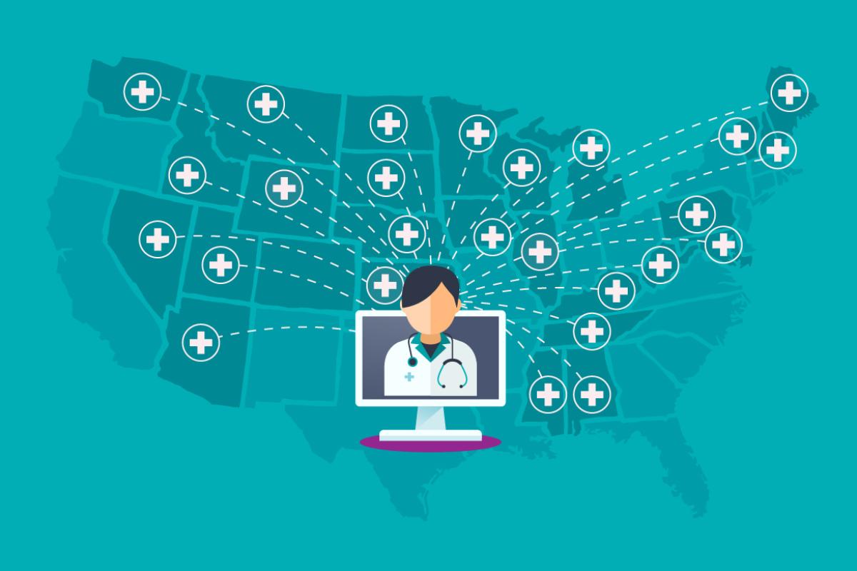 Illustration of a teledoctor on a U.S. map