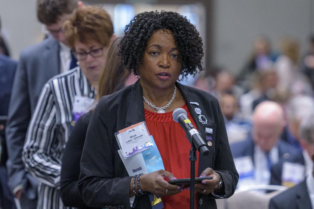 Delegate Niva Lubin-Johnson, MD, speaking at 2019 HOD Interim Meeting.