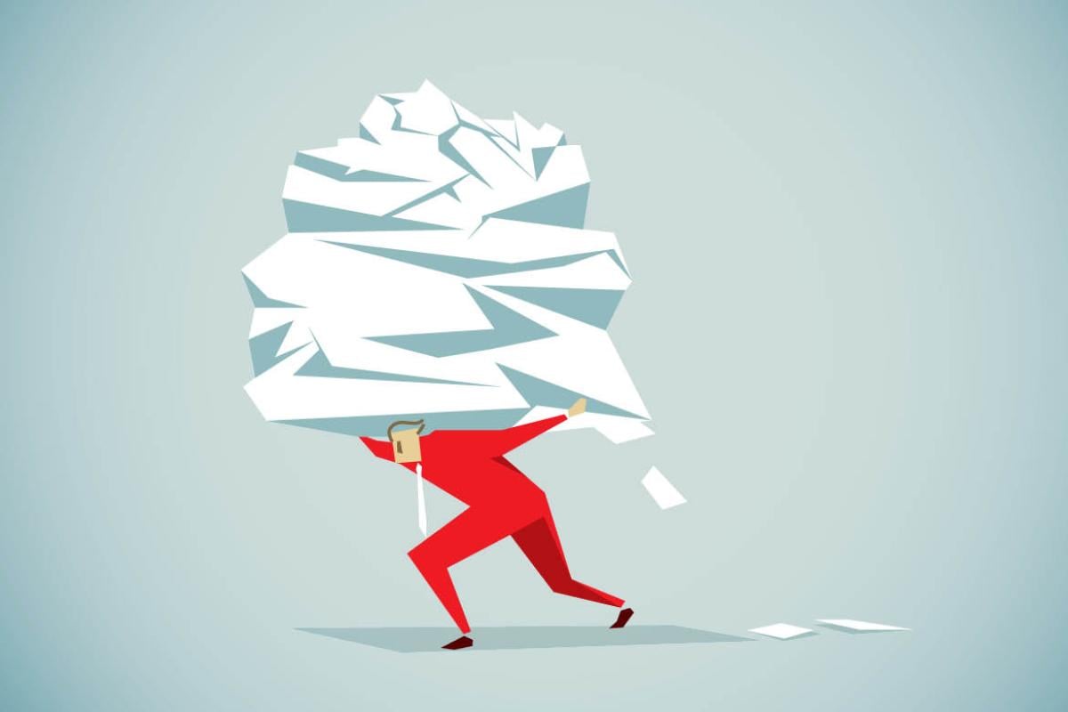 Illustration of man carrying a huge pile of paperwork