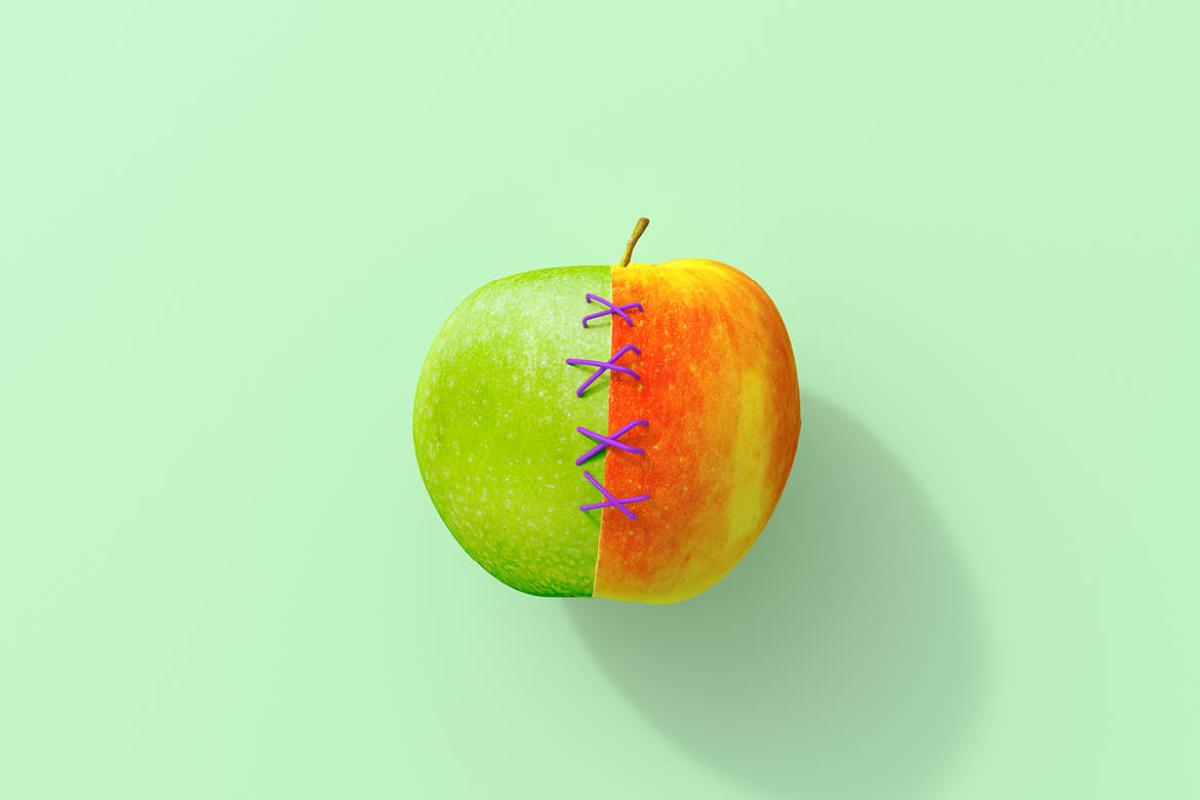 Graphic of green and red apple halves