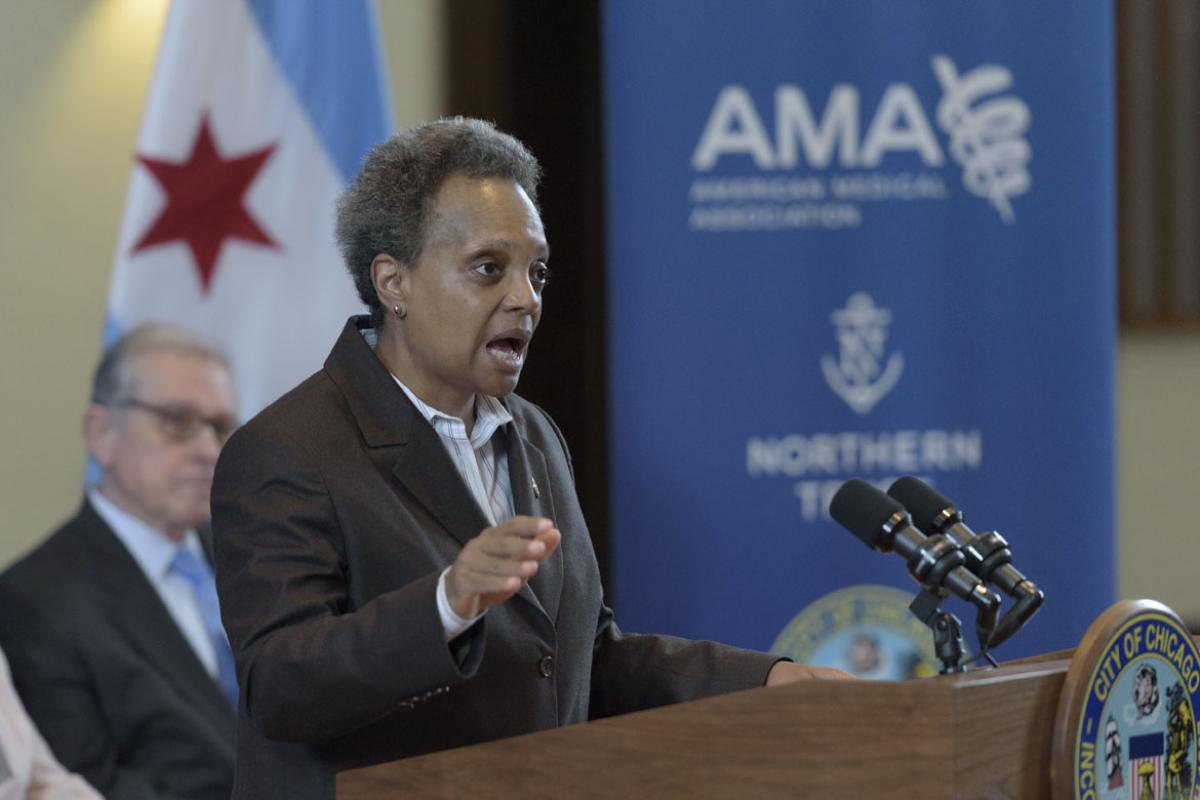 Chicago Mayor Lori Lightfoot speaking at Feb. 27, 2020 event announcing that AMA and West Side United are investing $6 million to close health gaps in Chicago.