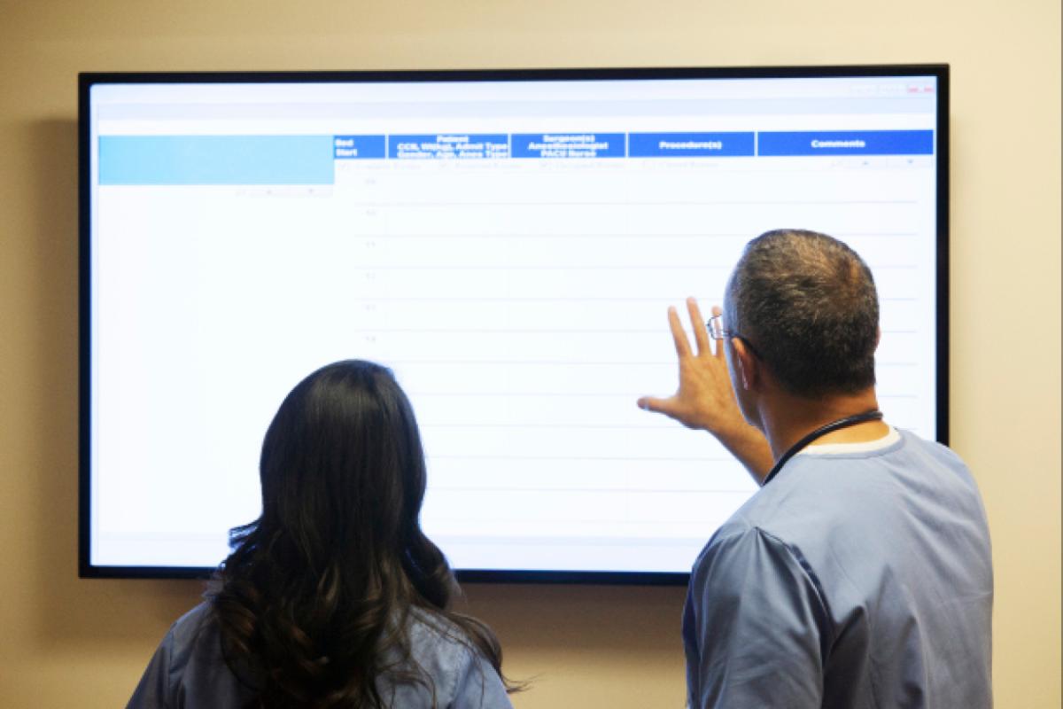 Two physicians looking at a white board