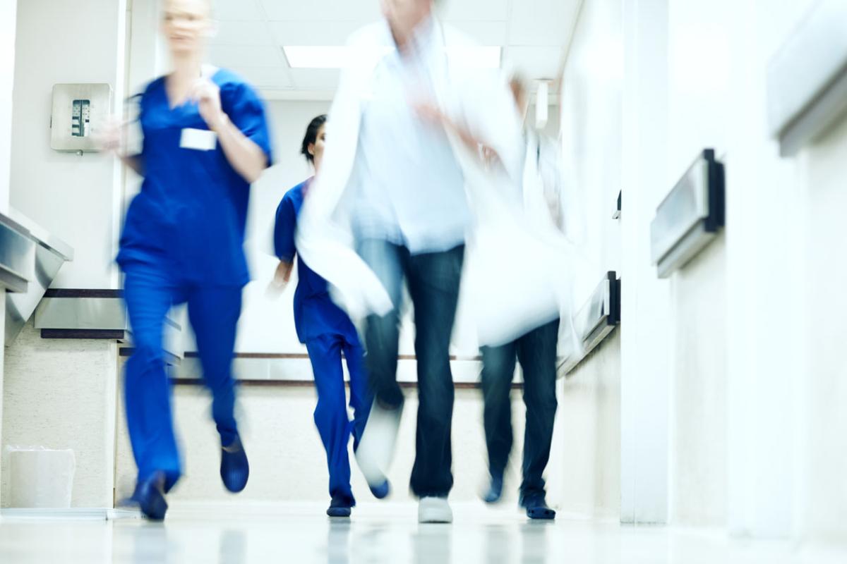 Health care workers in hallway