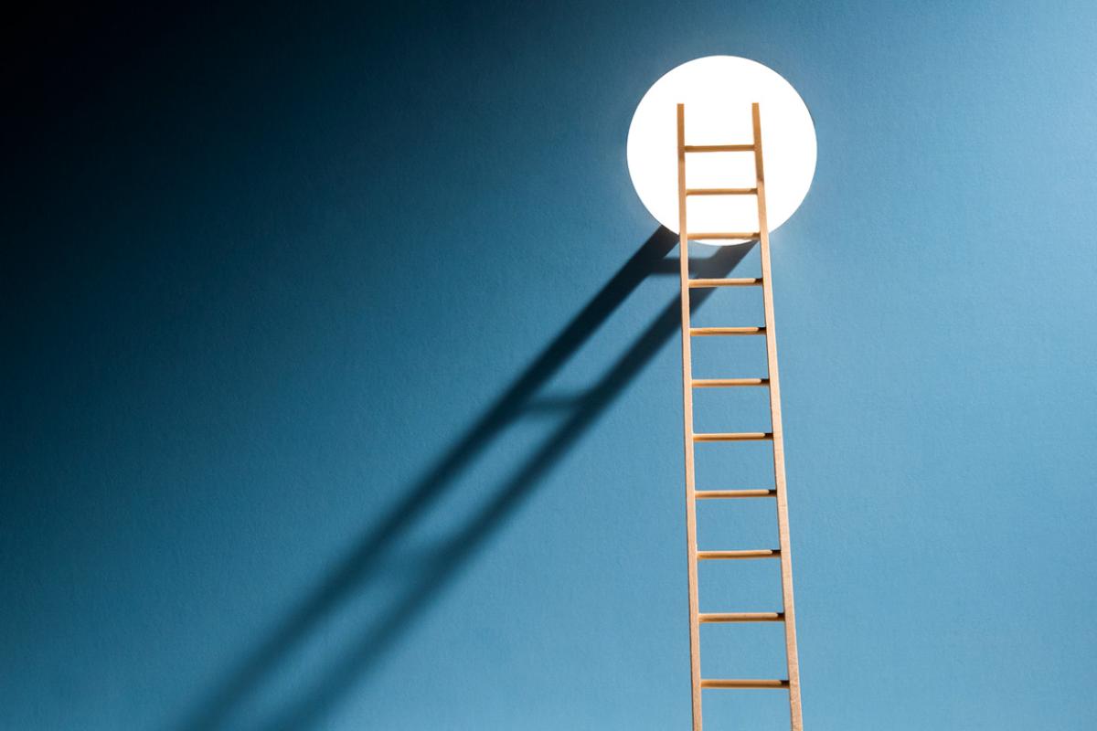 Illustration of a ladder in the darkness reaching up to a hole where light shines through.