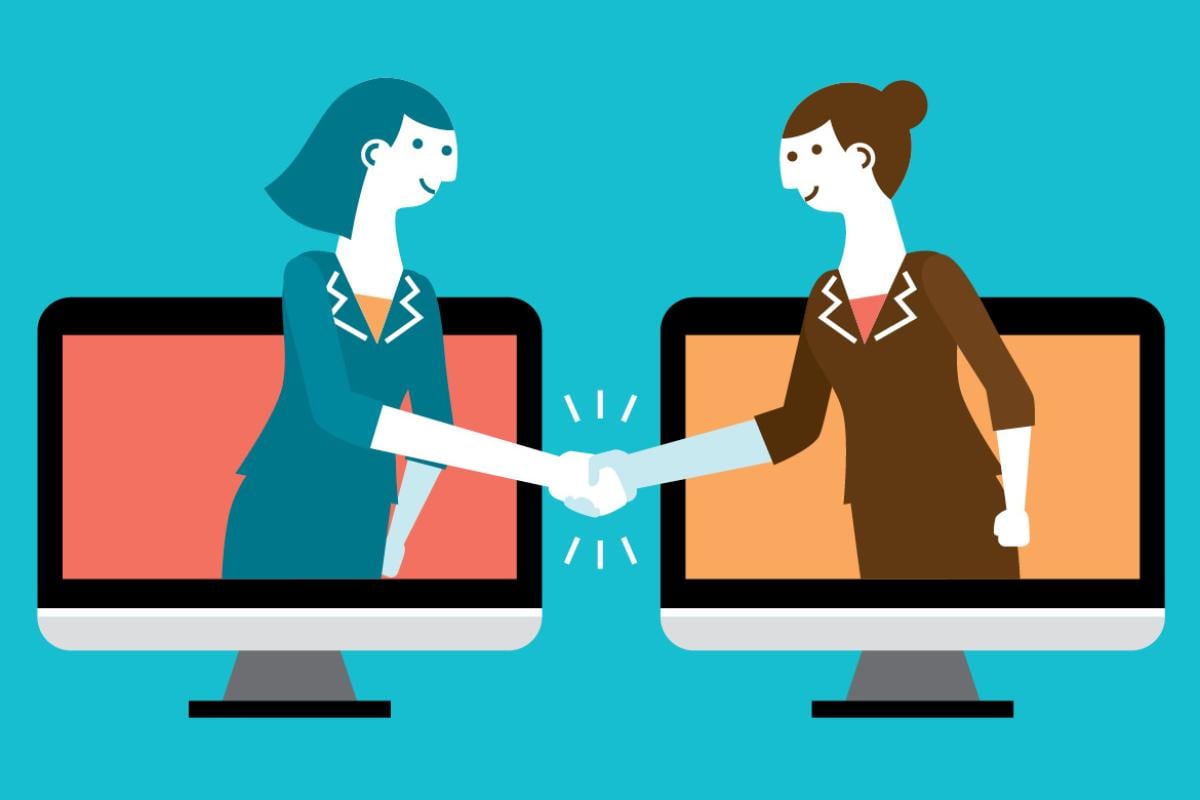 Illustration of two women reaching out of their computers shaking hands