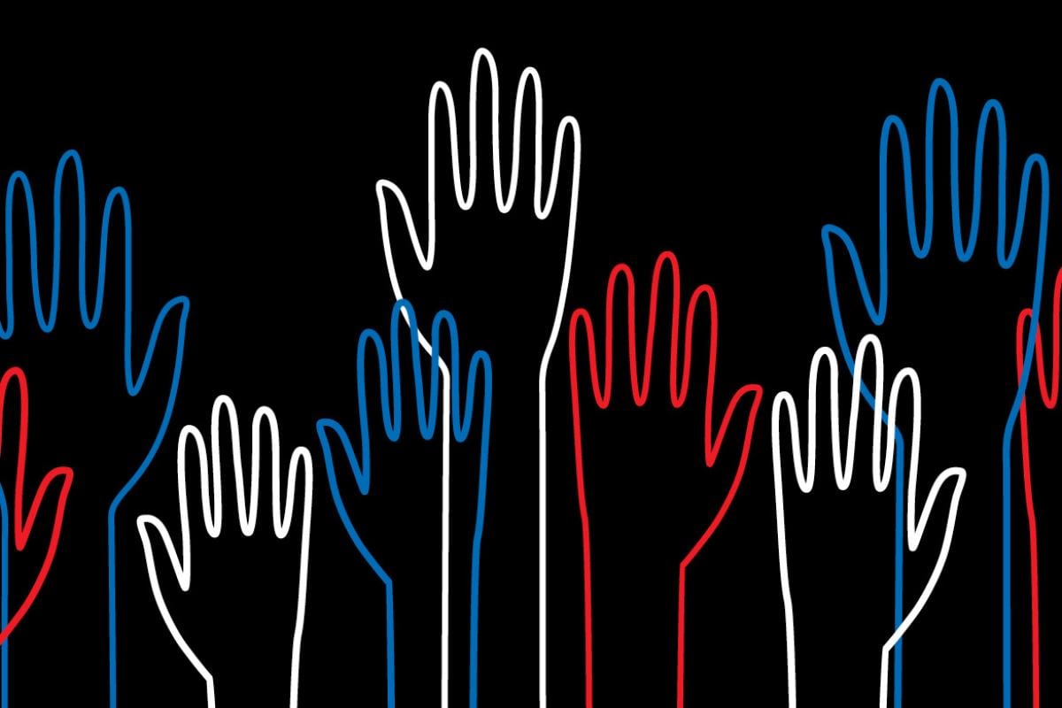 Illustration of many hands in red, white, and blue raised