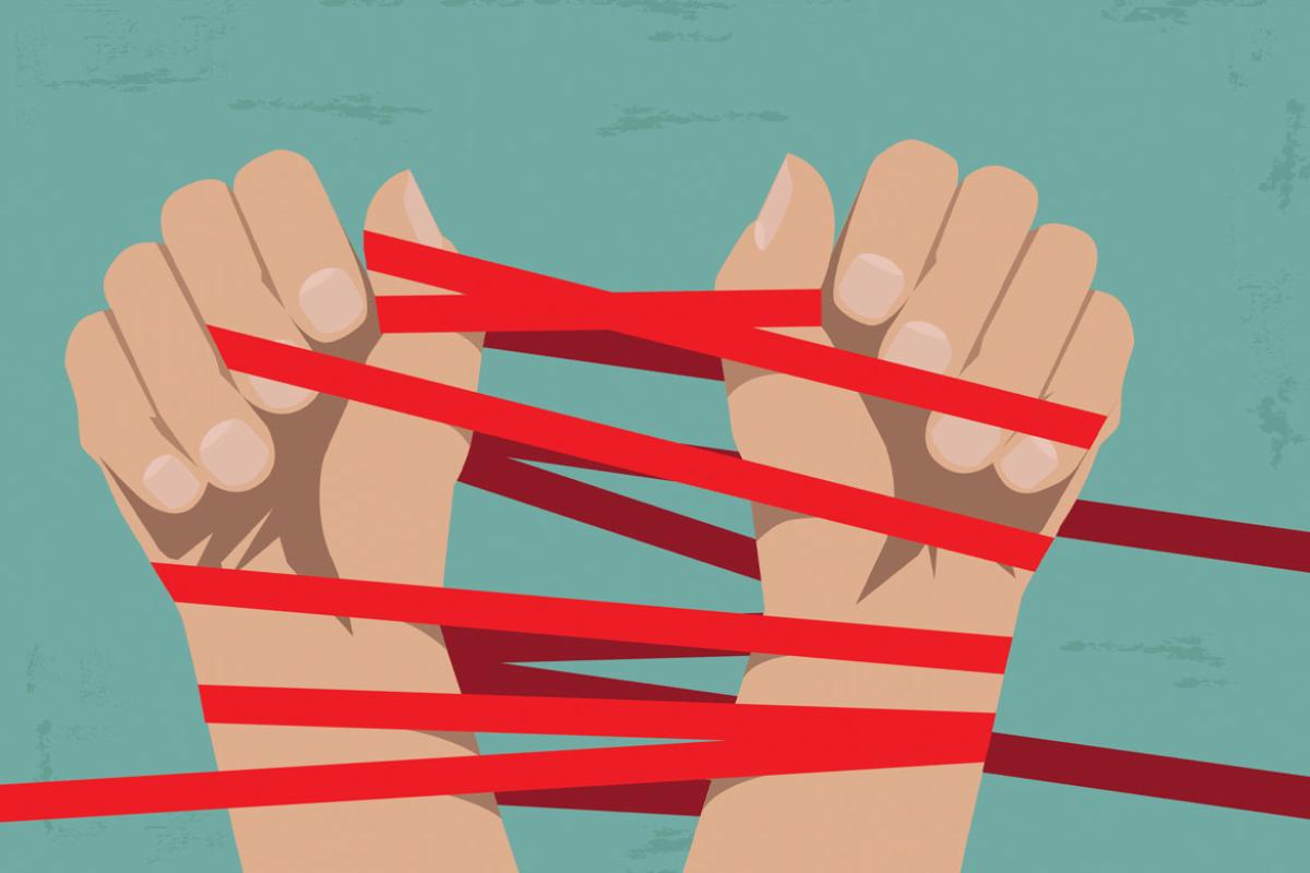 Illustration of hands wrapped in red tape