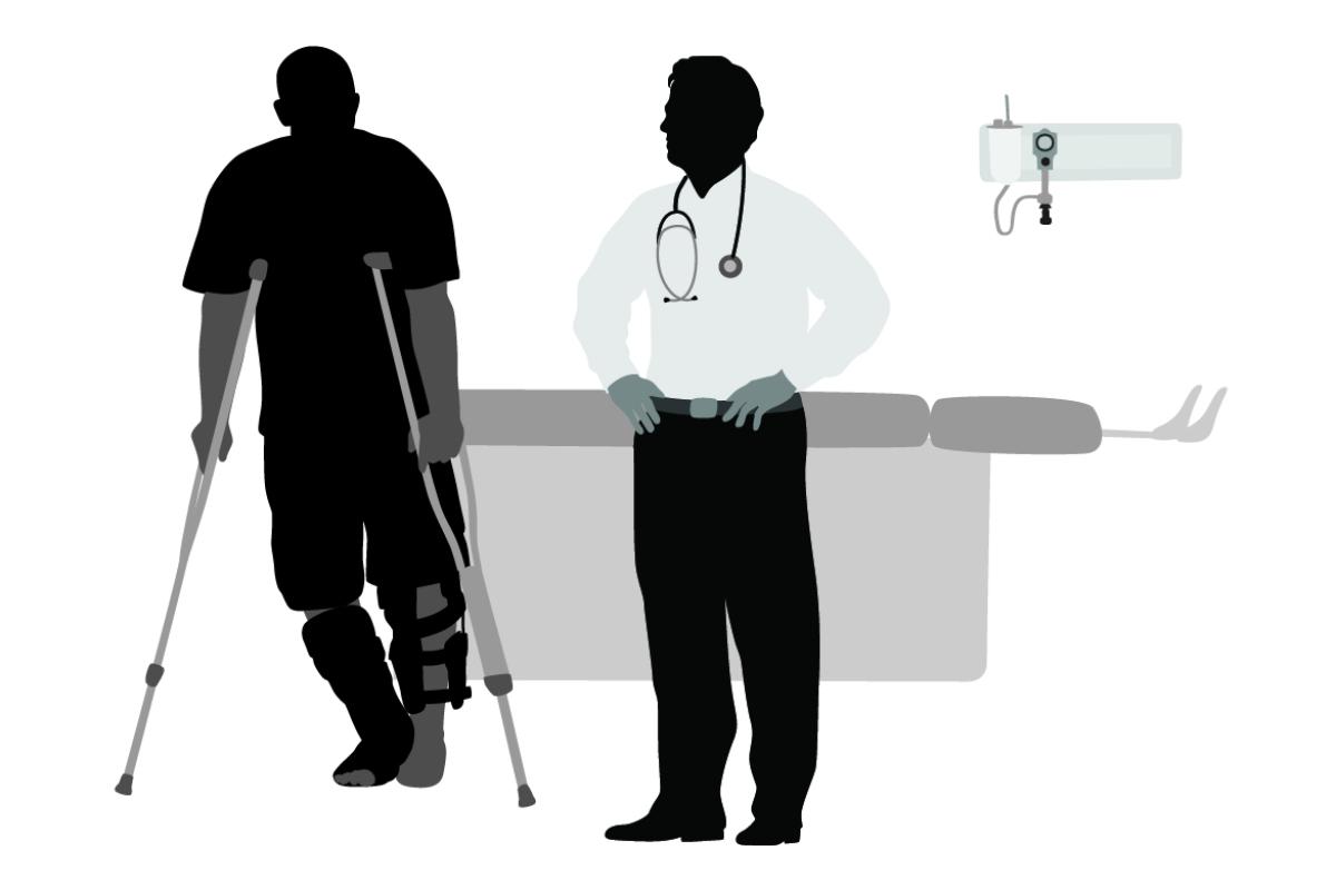 Illustration of a doctor and a patient on crutches in an examination room.