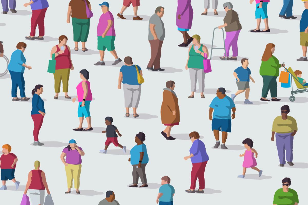 Illustration of a diverse group of people, whom all seem to be overweight, walking against a white background.