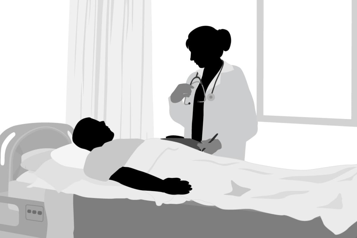 Black and white illustration of a patient in a hospital bed being attended by a physician.