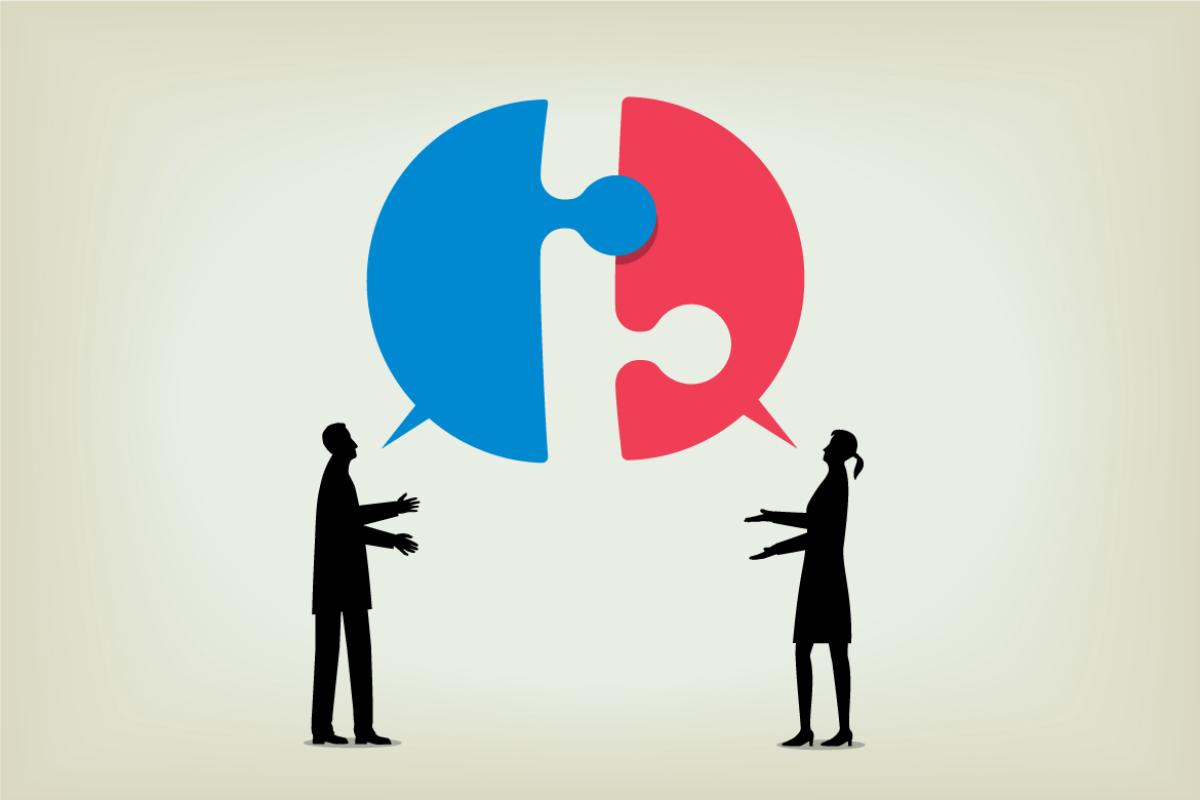 Two figures having a dialogue