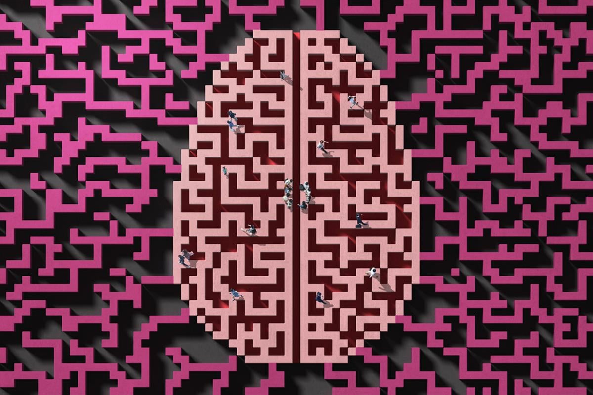 People walking in a maze shaped as a brain