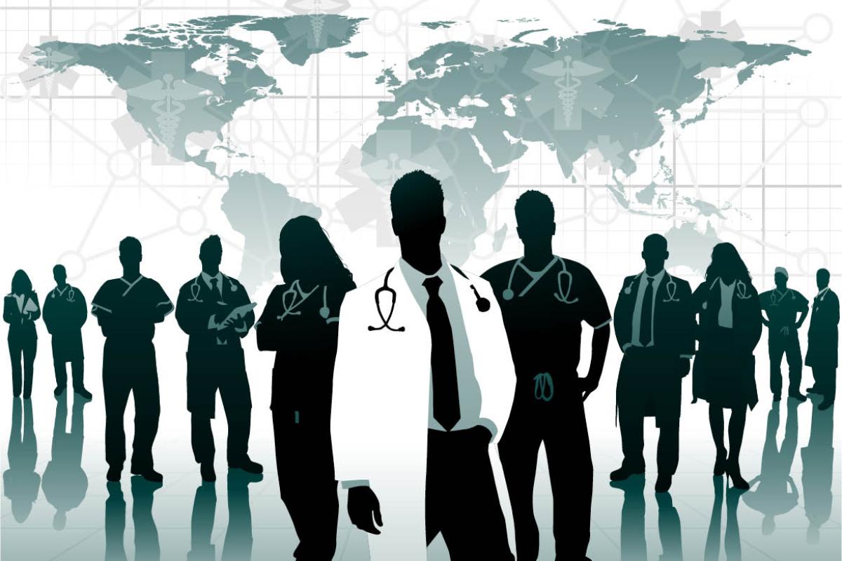 Illustration of physicians in front of a map