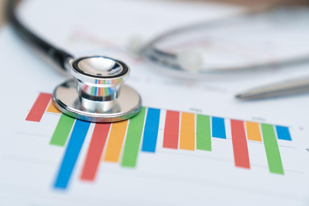A stethoscope sitting on a multicolored bar graph.