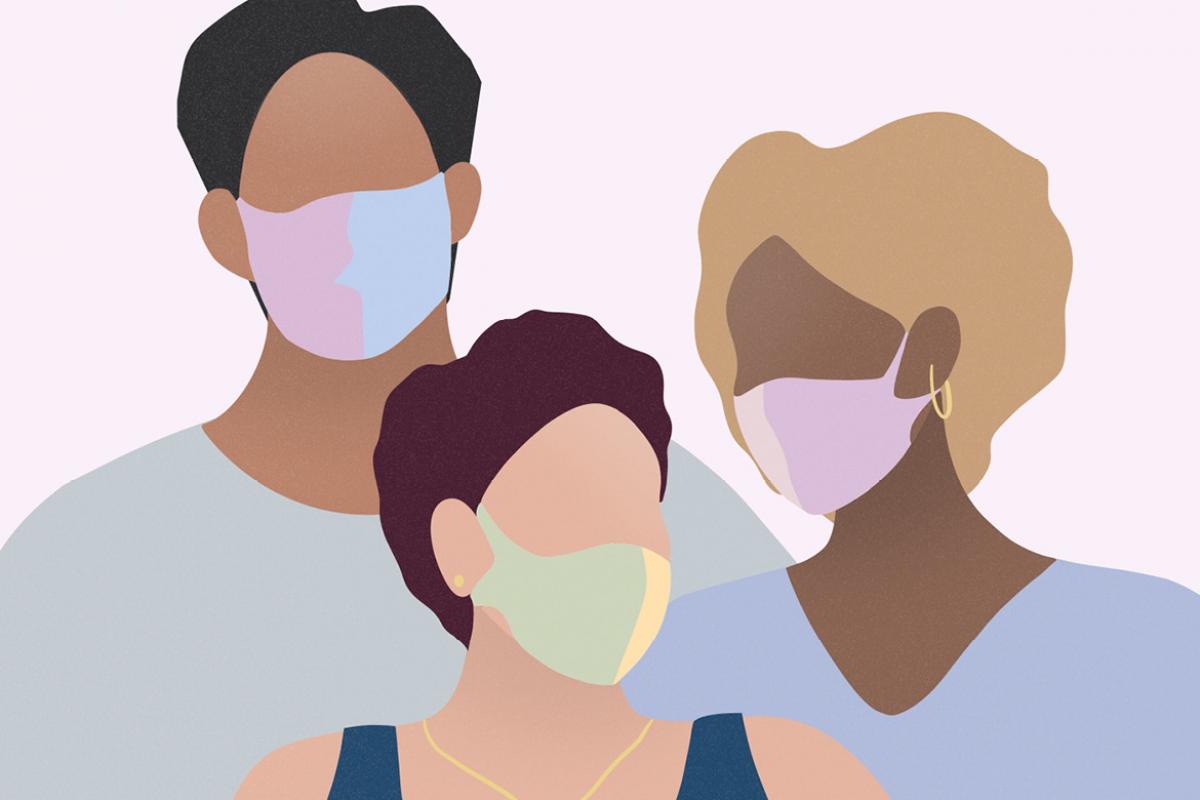 Figures wearing face masks