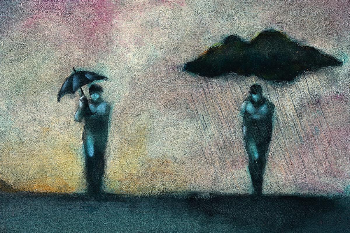 Two figures in the rain, one covered by an umbrella