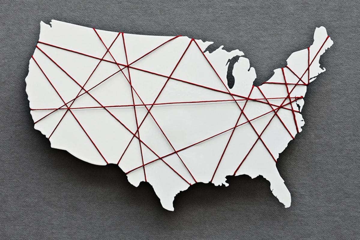 Map of USA with string wrapped around it