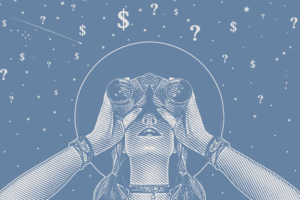 Person looking through binoculars to a sky filled with dollar signs and question marks