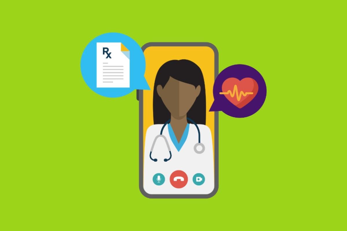 Physician and smartphone with prescription and health care icons