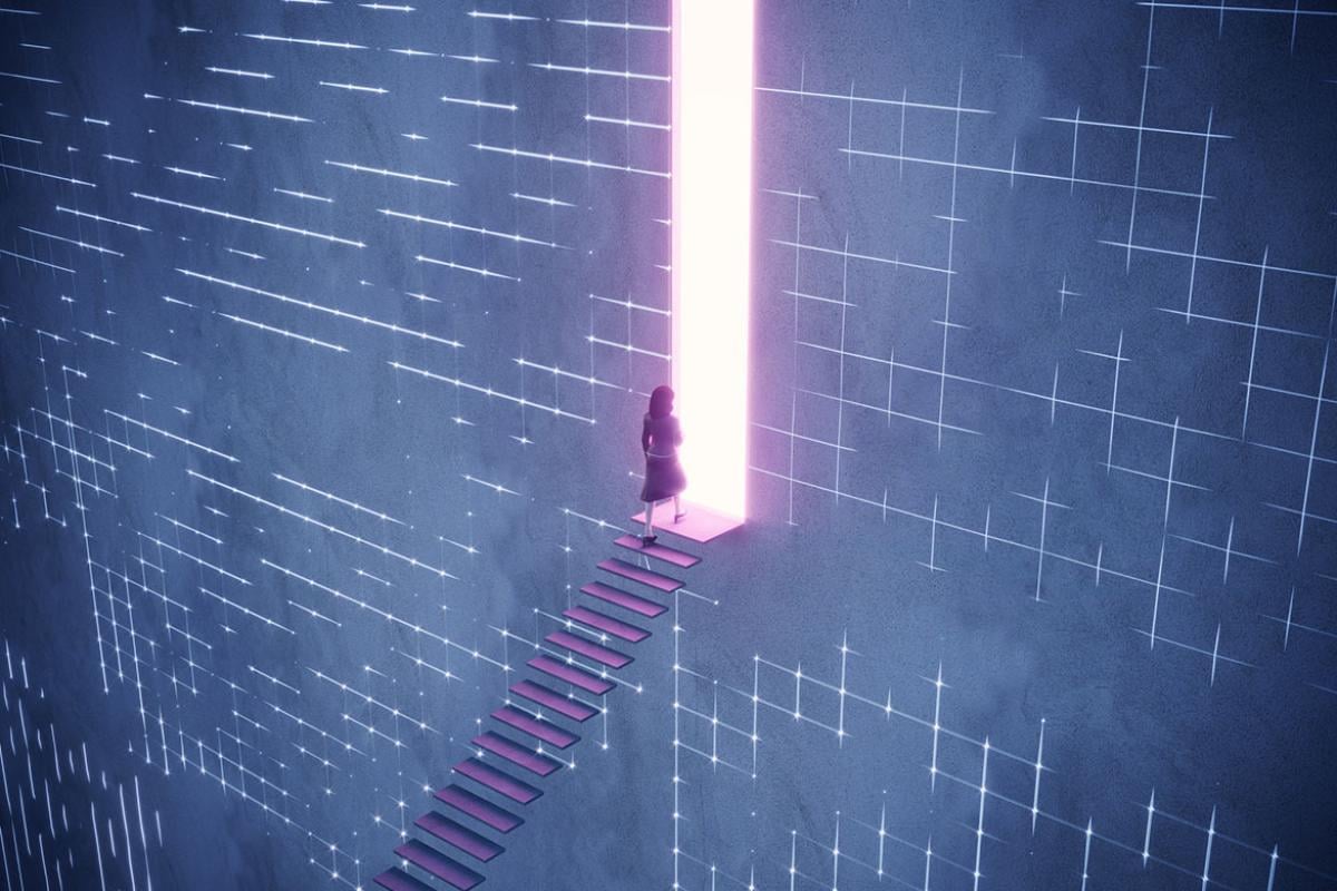 An abstract staircase and a glowing portal, woman going into the portal