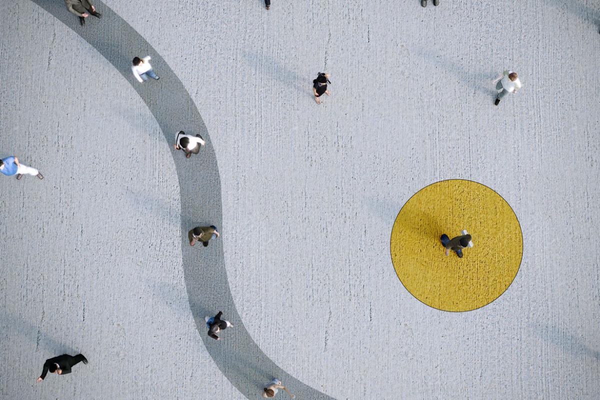 Overhead group of people waiting or walking in a line