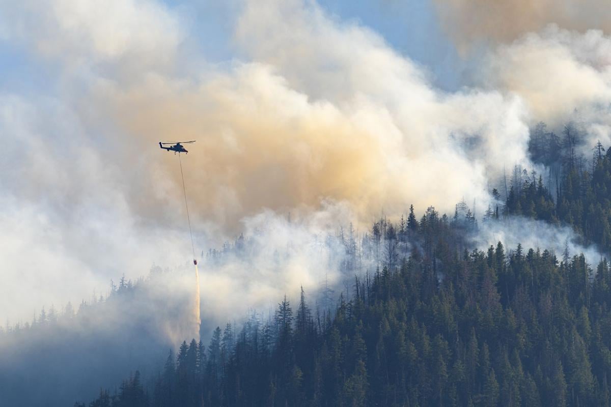 A helicopter drops water on a forest fire