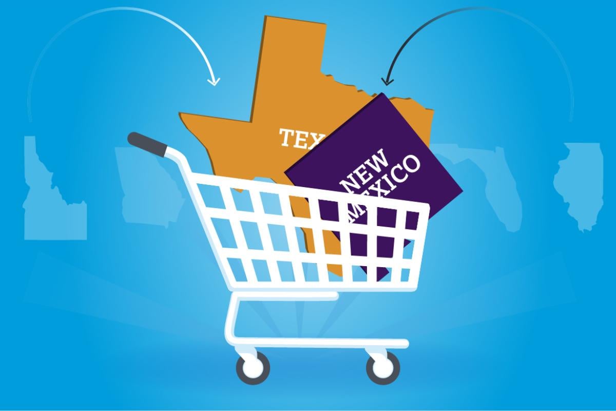 Vector graphic of Texas and New Mexico in a shopping cart.