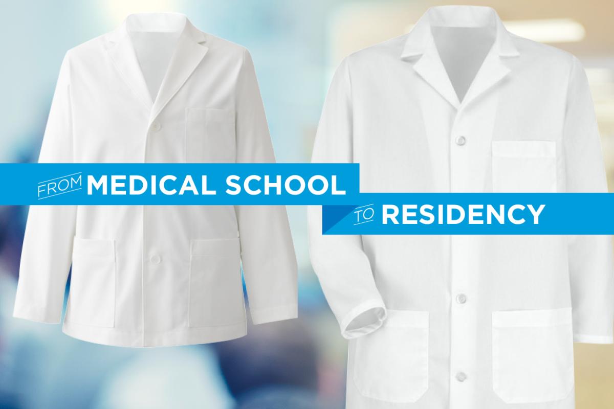 From med school to residency written on two lab coats.