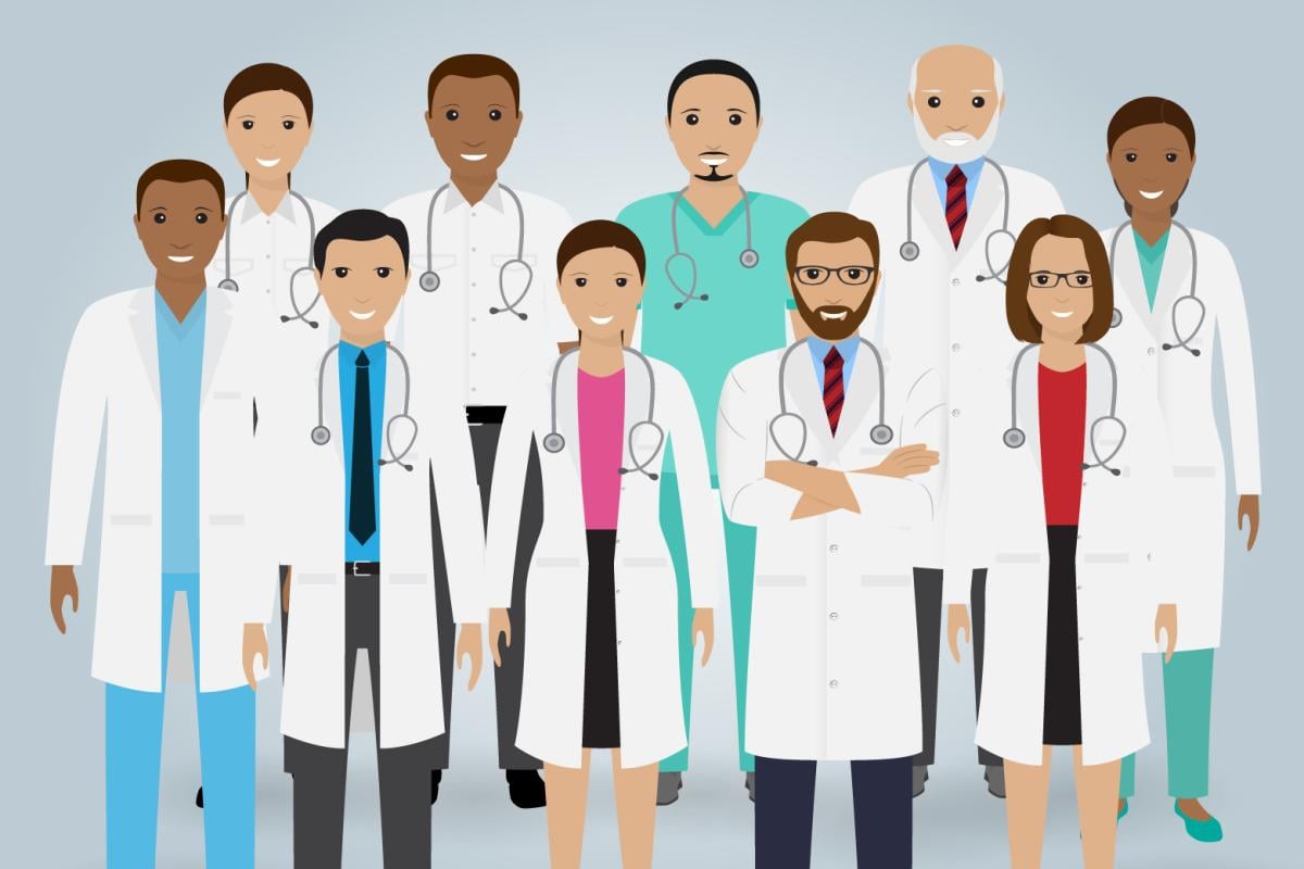 A cartoon drawing of a diverse group of health care professionals.