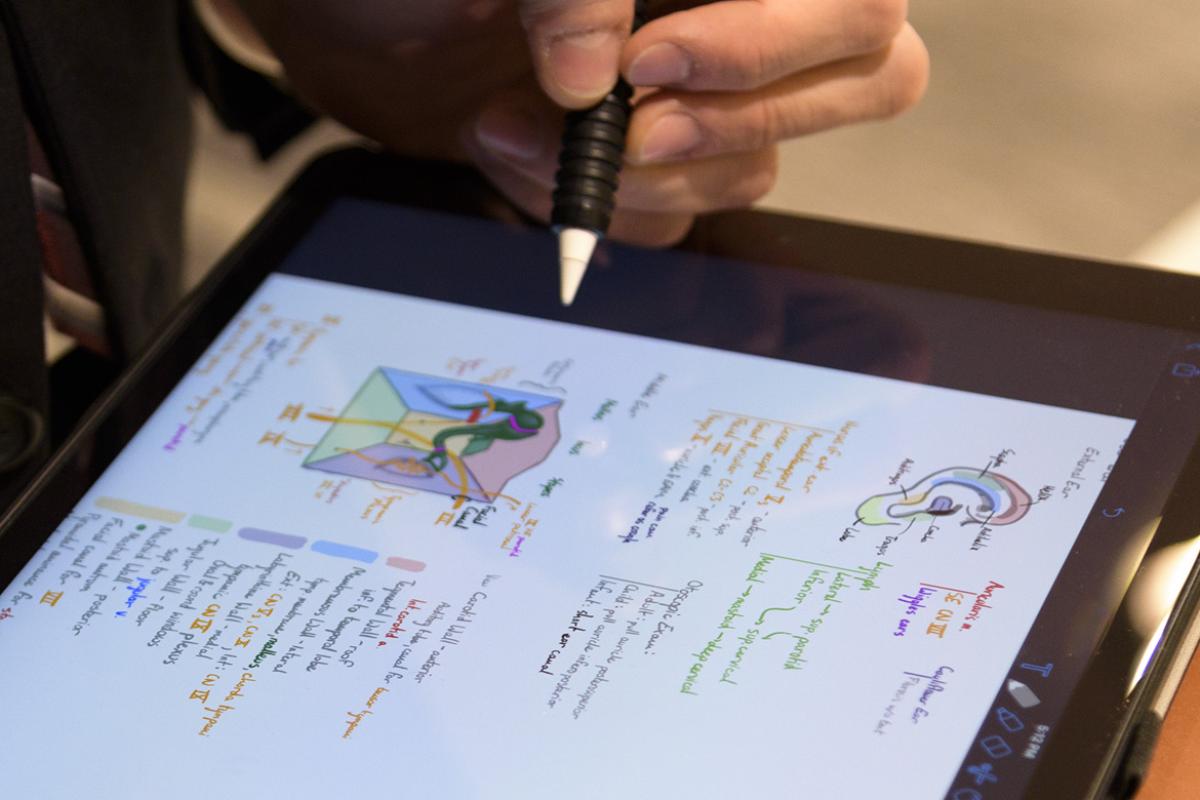 A person taking notes with a stylus on an iPad. The screen has medical diagrams on it.
