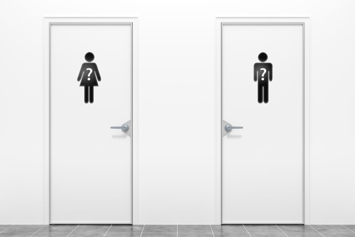 Two bathroom doors, one male and the other female